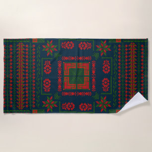 Palestinian Embroidery Tatreez red green 5 Pattern Beach Towel