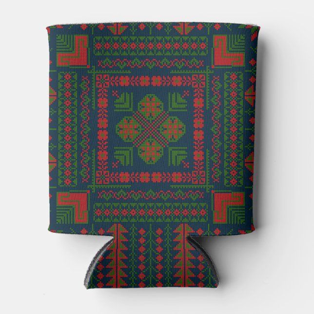 Palestinian Embroidery Tatreez red green 5 Pattern Can Cooler (Front)