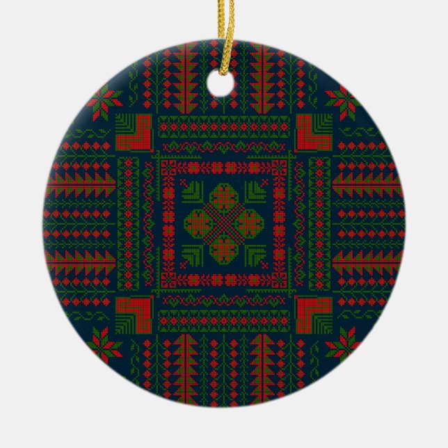 Palestinian Embroidery Tatreez red green 5 Pattern Ceramic Ornament (Front)
