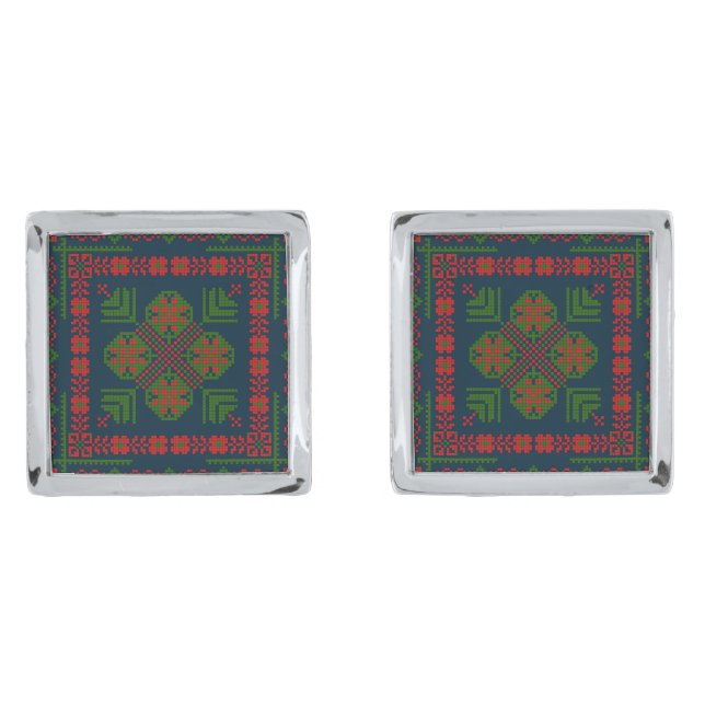 Palestinian Embroidery Tatreez red green 5 Pattern Cufflinks (Front)