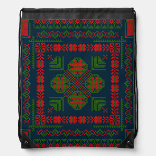 Palestinian Embroidery Tatreez red green 5 Pattern Drawstring Bag