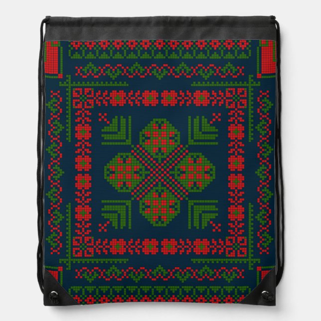 Palestinian Embroidery Tatreez red green 5 Pattern Drawstring Bag (Front)
