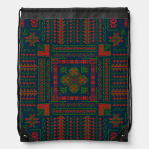 Palestinian Embroidery Tatreez red green 5 Pattern Drawstring Bag
