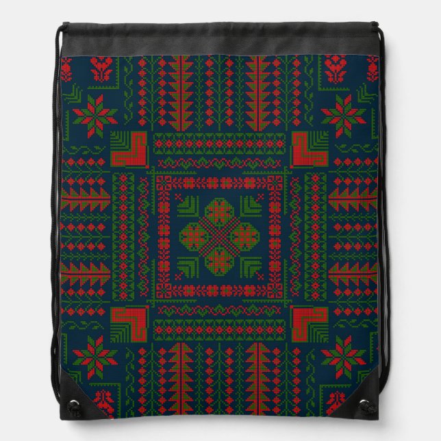 Palestinian Embroidery Tatreez red green 5 Pattern Drawstring Bag (Front)