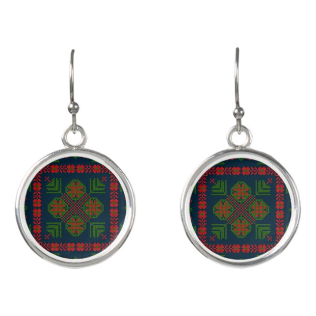 Palestinian Embroidery Tatreez red green 5 Pattern Earrings (Front)