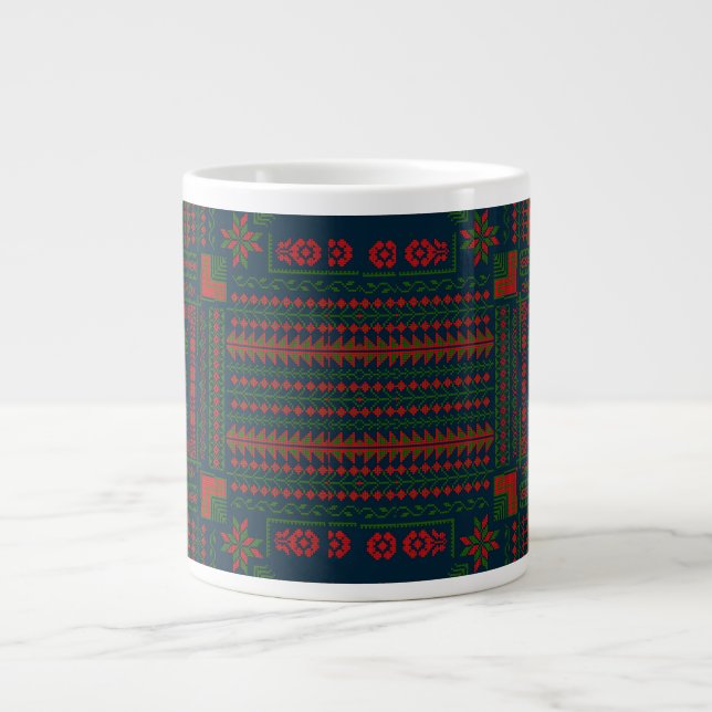 Palestinian Embroidery Tatreez red green 5 Pattern Giant Coffee Mug (Front)