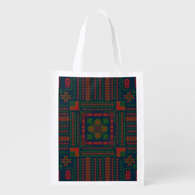 Palestinian Embroidery Tatreez red green 5 Pattern Grocery Bag (Front)