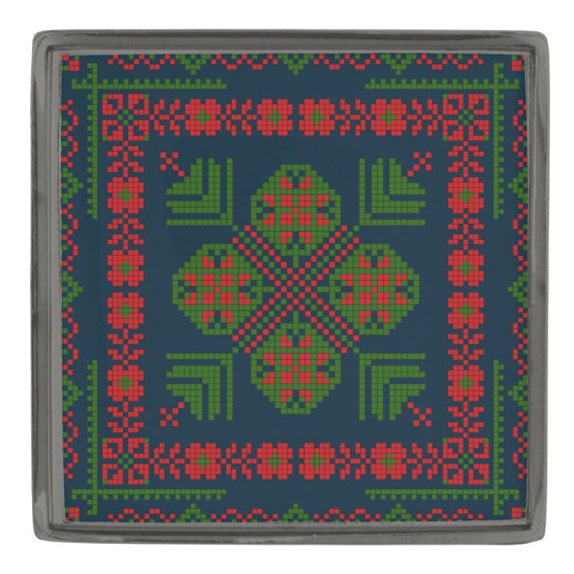 Palestinian Embroidery Tatreez red green 5 Pattern Gunmetal Finish Lapel Pin (Front)