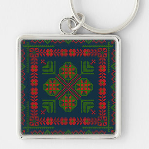 Palestinian Embroidery Tatreez red green 5 Pattern Keychain