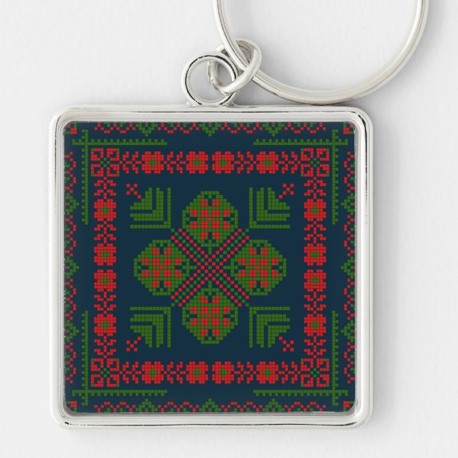 Palestinian Embroidery Tatreez red green 5 Pattern Keychain (Front)