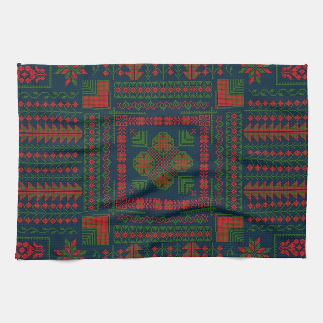 Palestinian Embroidery Tatreez red green 5 Pattern Kitchen Towel (Horizontal)