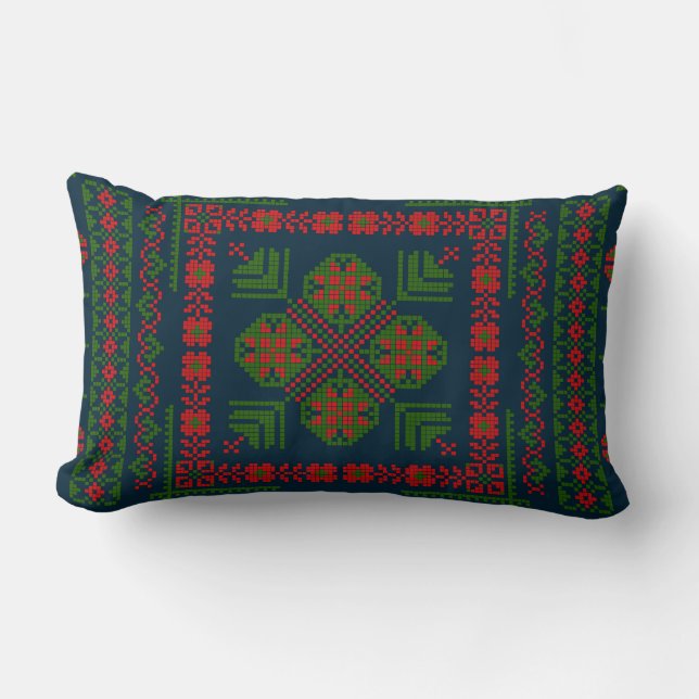 Palestinian Embroidery Tatreez red green 5 Pattern Lumbar Pillow (Front)