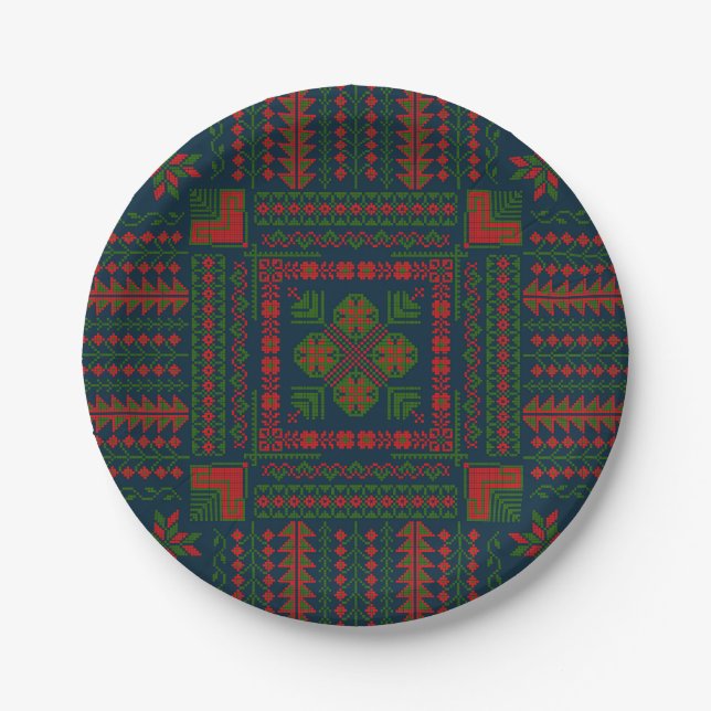 Palestinian Embroidery Tatreez red green 5 Pattern Paper Plates (Front)