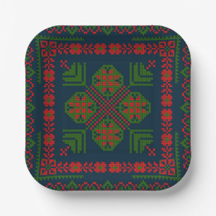 Palestinian Embroidery Tatreez red green 5 Pattern Paper Plates