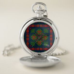 Palestinian Embroidery Tatreez red green 5 Pattern Pocket Watch