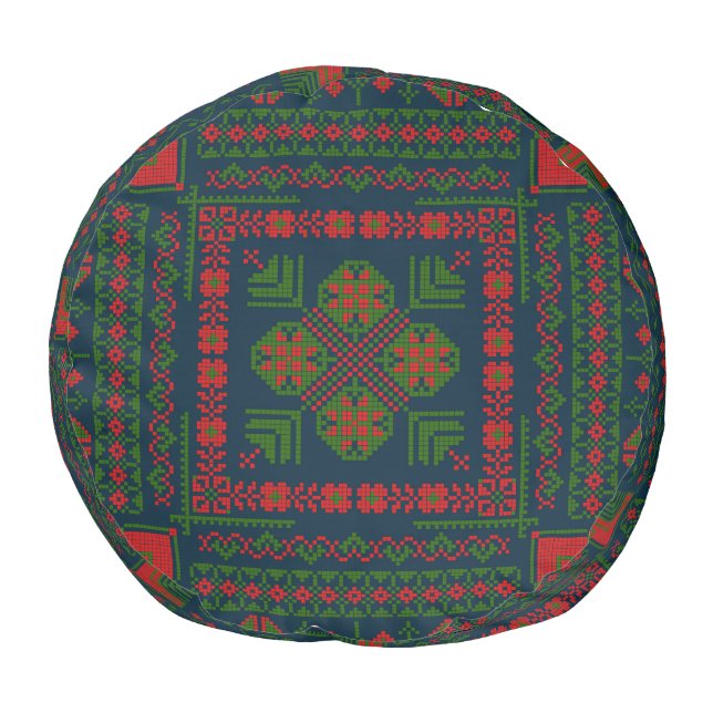 Palestinian Embroidery Tatreez red green 5 Pattern Pouf (Bottom)