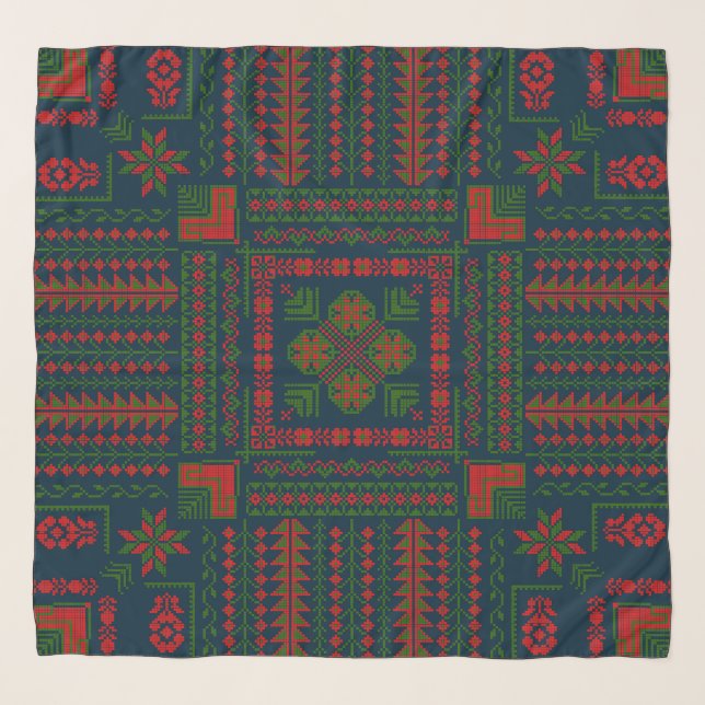 Palestinian Embroidery Tatreez red green 5 Pattern Scarf (Front)