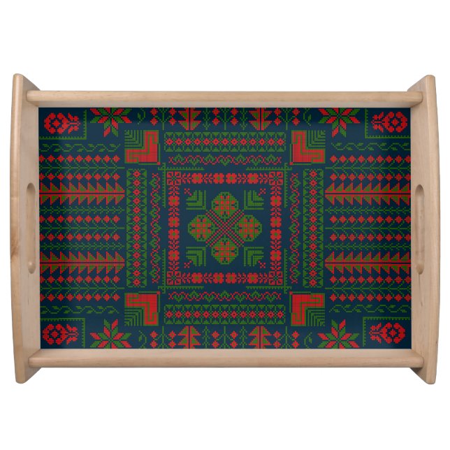 Palestinian Embroidery Tatreez red green 5 Pattern Serving Tray (Front)