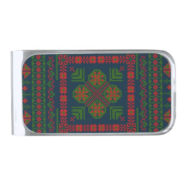 Palestinian Embroidery Tatreez red green 5 Pattern Silver Finish Money Clip (Front)