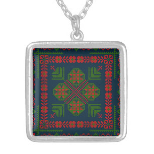 Palestinian Embroidery Tatreez red green 5 Pattern Silver Plated Necklace