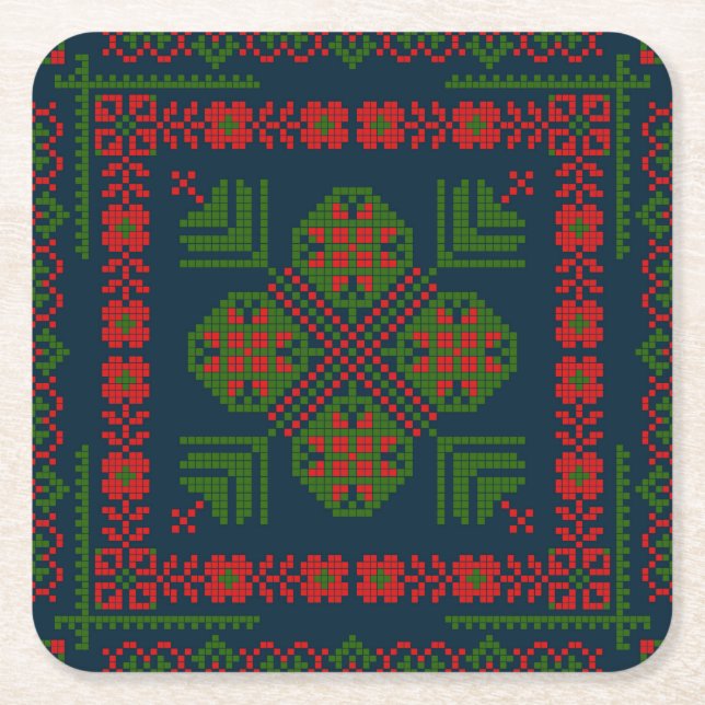 Palestinian Embroidery Tatreez red green 5 Pattern Square Paper Coaster (Front)
