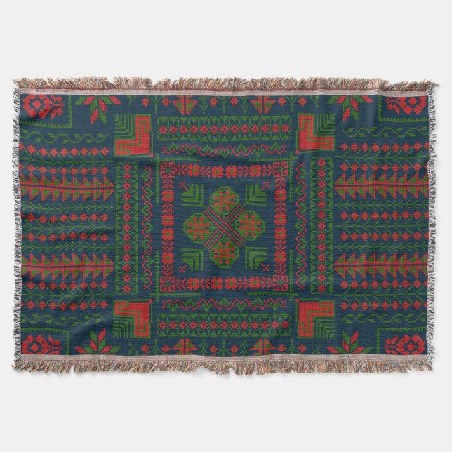 Palestinian Embroidery Tatreez red green 5 Pattern Throw Blanket (Front)
