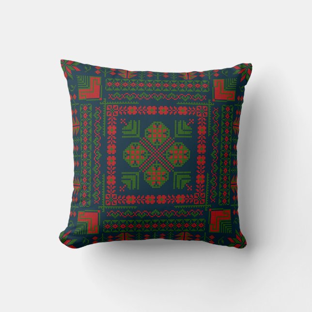 Palestinian Embroidery Tatreez red green 5 Pattern Throw Pillow (Front)