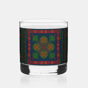 Palestinian Embroidery Tatreez red green 5 Pattern Whiskey Glass