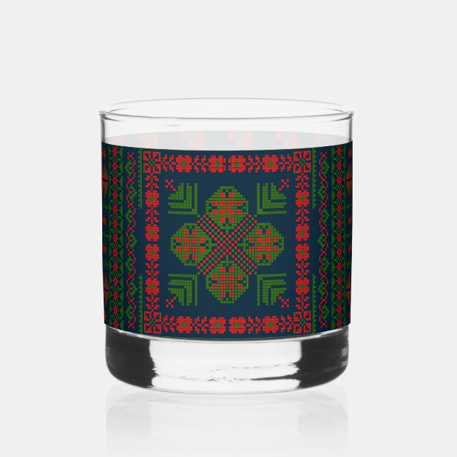 Palestinian Embroidery Tatreez red green 5 Pattern Whiskey Glass (Front)