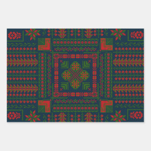 Palestinian Embroidery Tatreez red green 5 Pattern Wrapping Paper Sheets