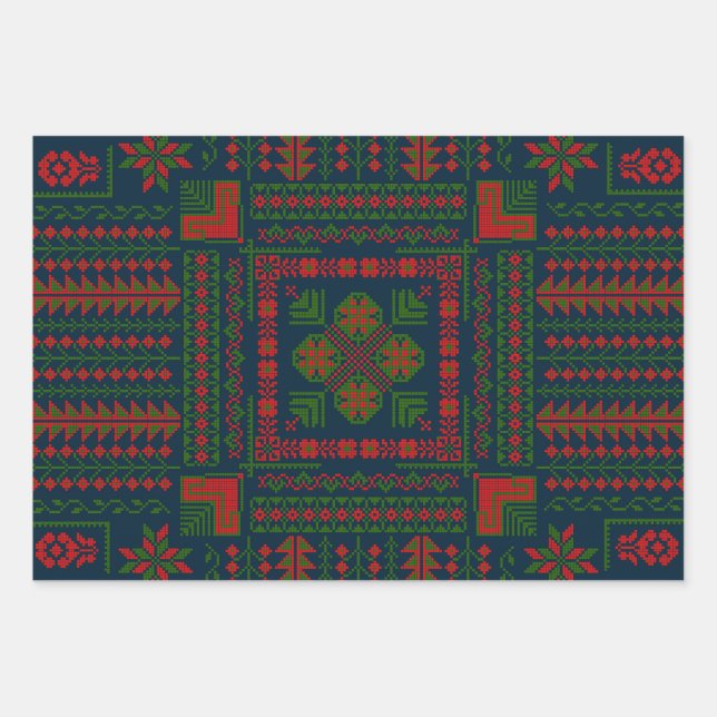 Palestinian Embroidery Tatreez red green 5 Pattern Wrapping Paper Sheets (Front)