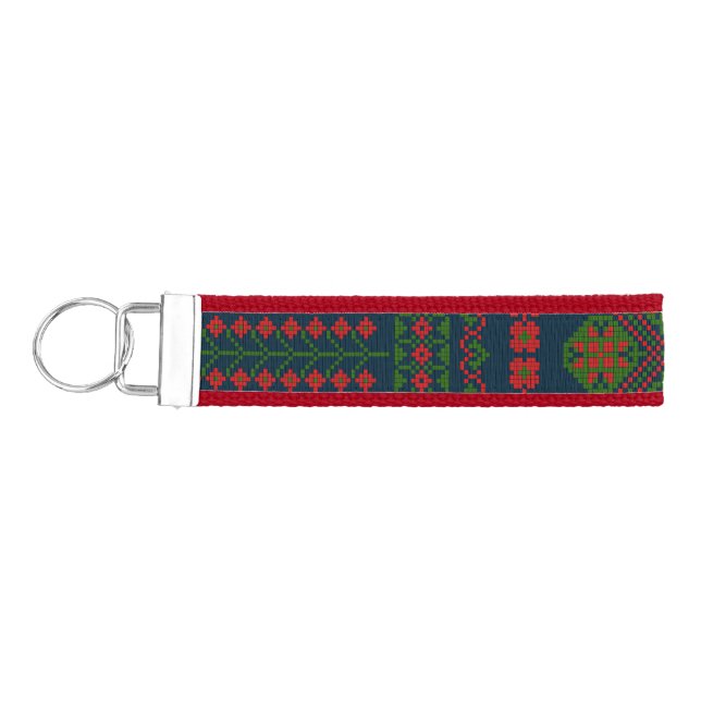 Palestinian Embroidery Tatreez red green 5 Pattern Wrist Keychain (Keys on Left)