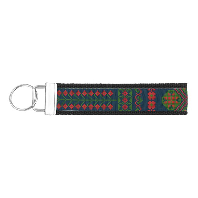 Palestinian Embroidery Tatreez red green 5 Pattern Wrist Keychain (Keys on Left)