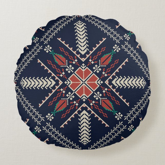 Palestinian Embroidery: Traditional Pattern Design Round Pillow (Front)