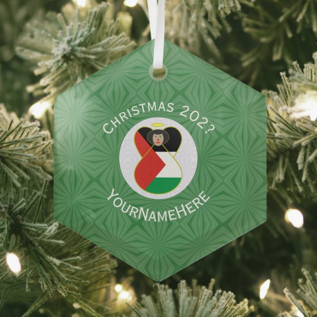 Palestinian Flag Christmas Angel Name Year Hexagon Glass Ornament (Insitu)