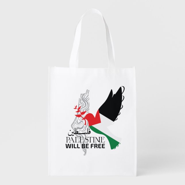 Palestinian Flag in Peace Dove with Palestine Name Grocery Bag (Front)