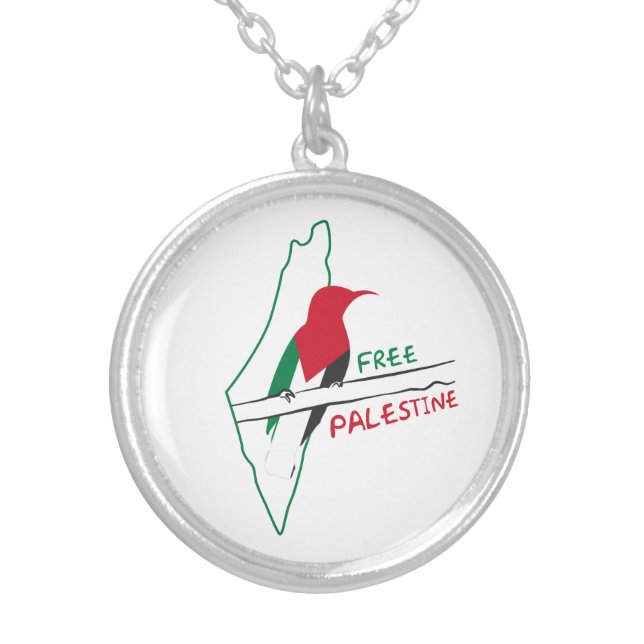 Palestinian flag map bird silver plated necklace (Front)