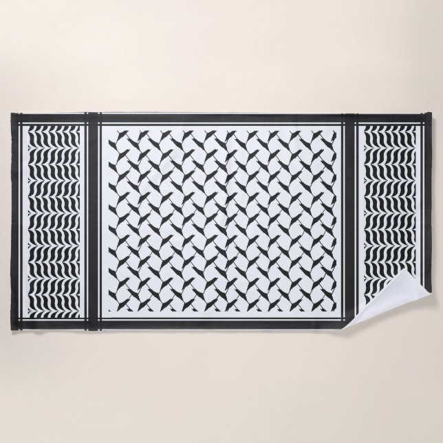 Palestinian Joranian kuffiya black & white shemagh Beach Towel (Front)