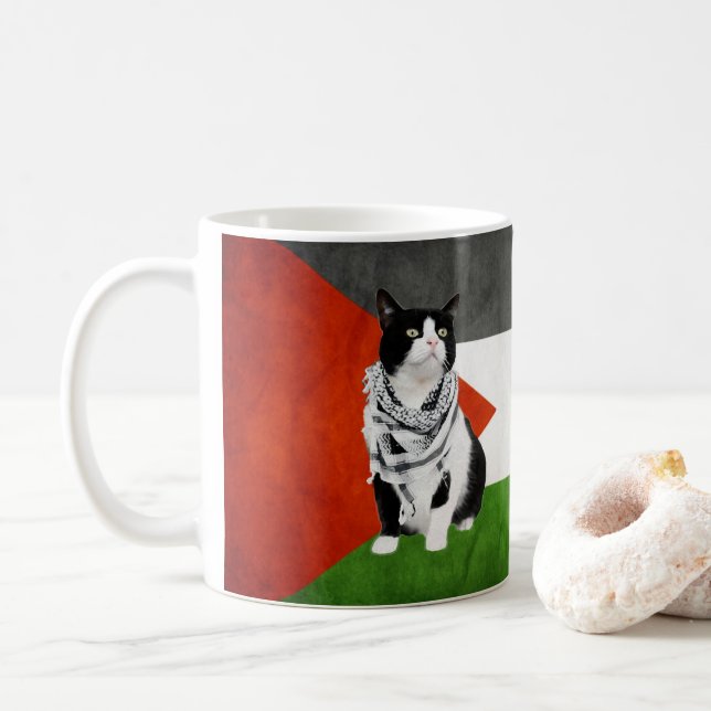 Palestinian Kufiya Wearing Cat with Palestine flag Coffee Mug (With Donut)