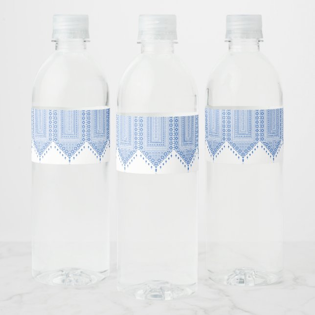 Palestinian Tatreez Print In Blue Water Bottle Label (Bottles)
