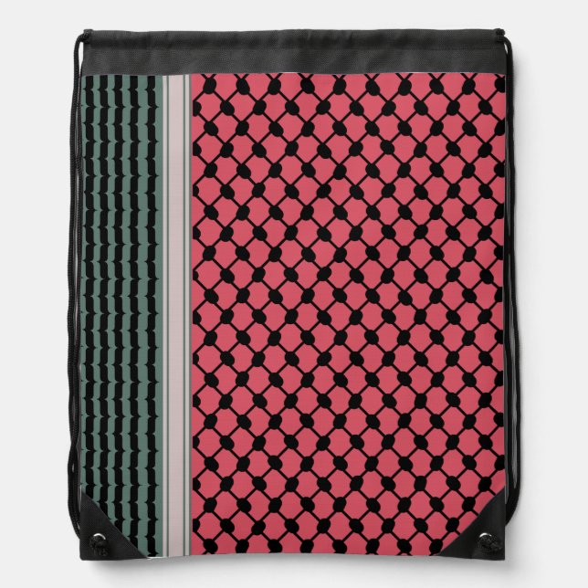 Palestinian watermelon Hatta Keffiyeh Kufiya Folk Drawstring Bag (Front)