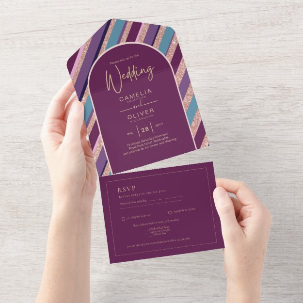 Palette Plum Purple Turquoise Rose Gold Wedding All In One Invitation