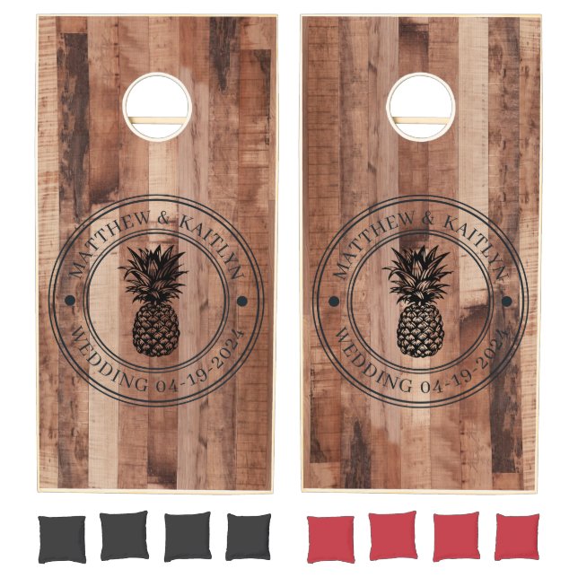 Pallet Wood Board  Pineapple Wedding Crest & Names Cornhole Set (Set)