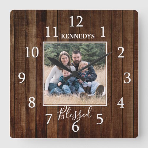 Pallet Wood Family Name Photo Blessed Farmhouse Square Wall Clock