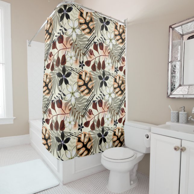 Palm and monstera leaves, tropical shower curtain (In Situ)