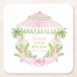 Palm Beach Cabana Bach Club | Bachelorette  Square Paper Coaster<br><div class="desc">This Bachelorette Weekend coaster has a preppy design featuring  pink and green Palm Beach preppy styled cabana,  pool chairs and umbrellas surrounded by palm trees. You can personalize with your name.</div>