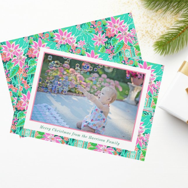 Palm Beach Christmas Pink Green Gingerbread Photo Holiday Card (Creator Uploaded)