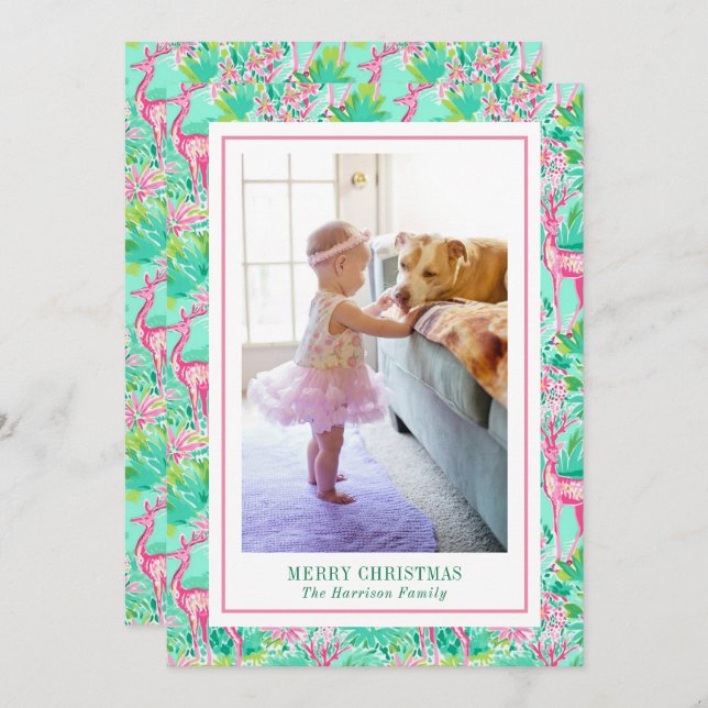 Palm Beach Christmas Pink & Green Reindeer Photo Holiday Card (Front/Back)