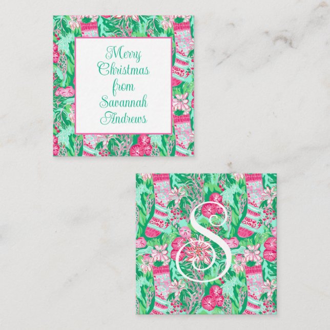 Palm Beach Christmas Pink Green Stocking Enclosure Note Card (Front/Back)