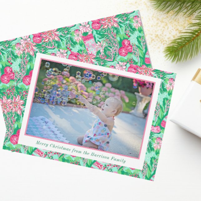 Palm Beach Christmas Pink & Green Stockings Photo Holiday Card (Creator Uploaded)